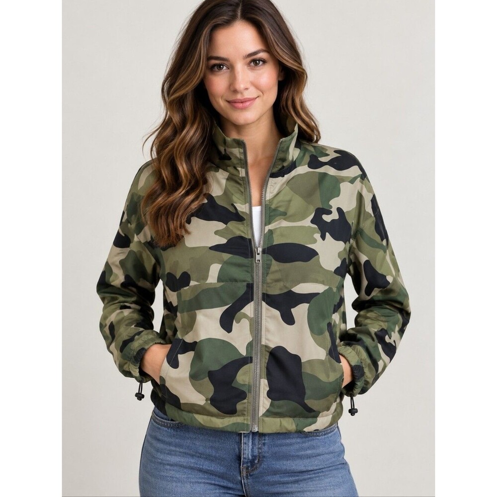 NWT Hem & Thread women's silky Green Camouflage Zip Up Jacket S cropped